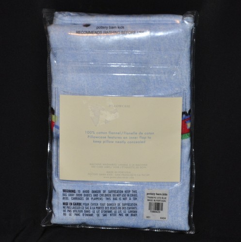 Neu in Verpackung Pottery Barn Kinder Zug Kreuzung Kissenbezug blau Baumwolle Flanell Standardgröße - Bild 4 von 6