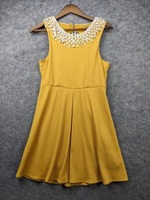 Free People Dress Womens Medium Yellow Crochet Collar Fit Flare Mini