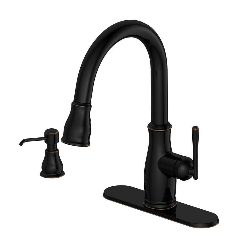 Kagan Single-Handle Pull-Down Sprayer Kitchen Faucet with Soap Dispenser in Bronze Kagan Single-Handle Pull-Down Sprayer Kitchen Faucet with Soap Dispenser in Bronze