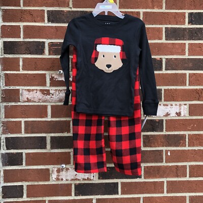 New Carters Child Of Mine 3T Dog  Pajamas 2 Pc Fleece Buffalo Plaid Red Black