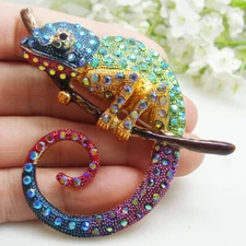 Vintage Chameleon Animal Woman's Pendant Brooch Pin Rhinestone Crystal Gifts