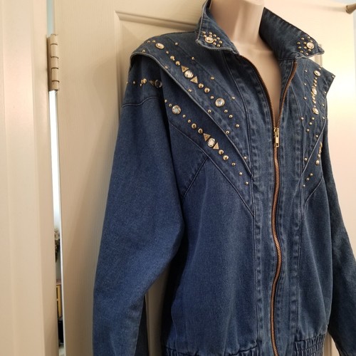 Broad Lapel Blue Denim Brass and Rhinestone Studded Jacket by Gabby & Claudia M - Picture 9 of 14