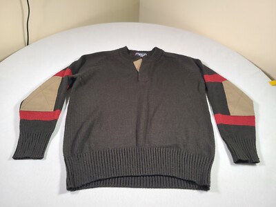 CREW1 Sweater Mens Large Brown Wool Henley Elbow Patch 80s 90s TV Shows Pullover