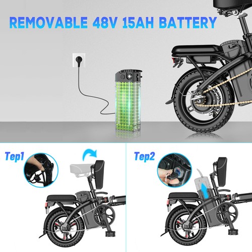 14" 48V 400W Folding Moped City Electric Bike Lithium Battery LED 25mph - Picture 10 of 11