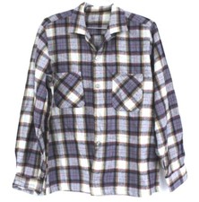 VTG 1950s Wool Shadow Plaid Loop Collar Shirt Gray Multi L Rockabilly