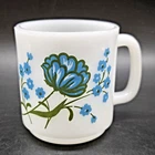 Glasbake Milk Glass Mug Cup Blue Green Flowers Vintage
