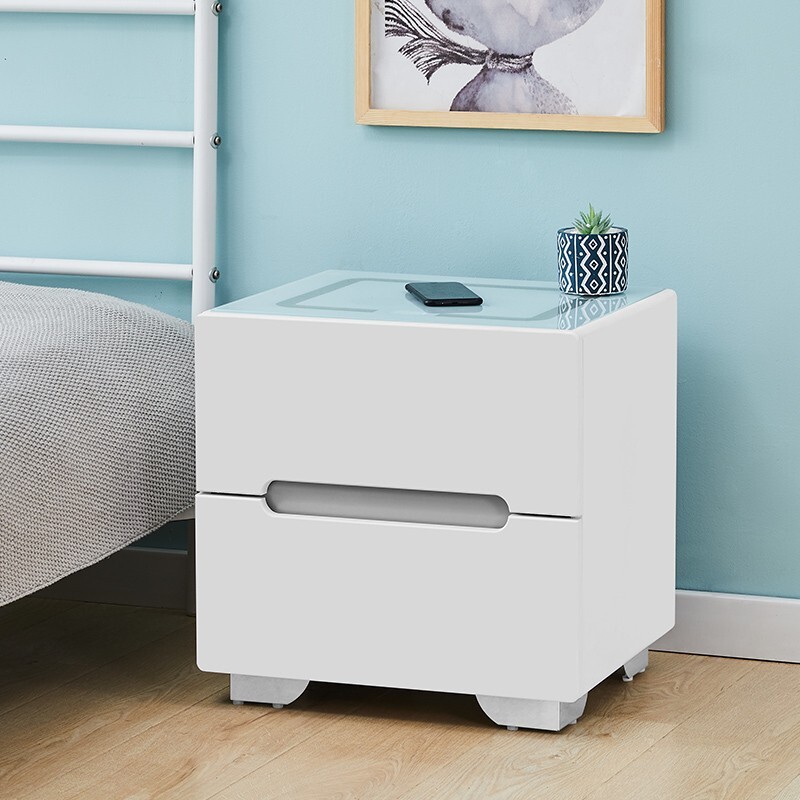 White Bedside Tables 2 Drawers Wireless Charging LED Lights