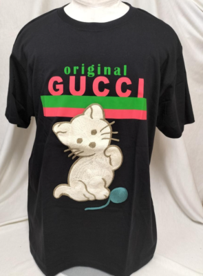 GUCCI Kitty Cat Embroidered Graphic Logo T Shirt Black Size L 175