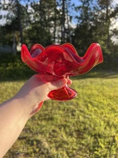 Viking Glass Hand Made Red 6 Petal Handkerchief Compote Bowl Orange Rim