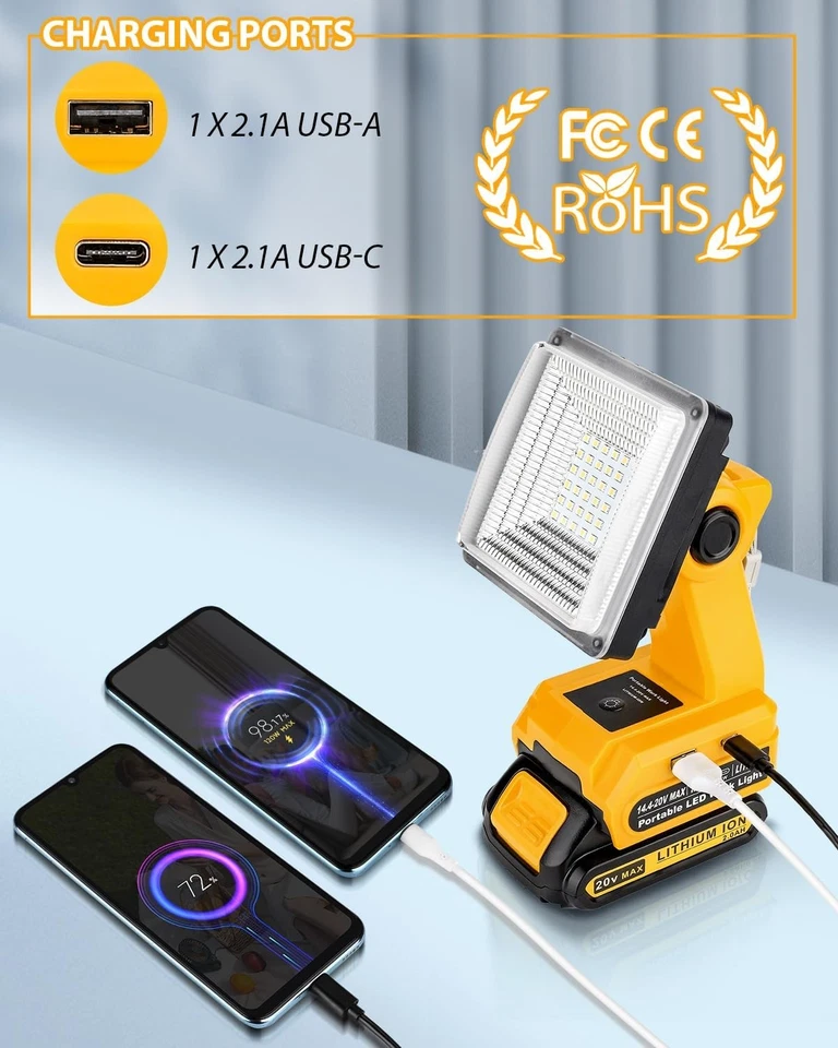 Schnurloses LED-Arbeitslicht für Dewalt 18V 20V Akku 25W LED-Flutlicht mit USB - Bild 4 von 4