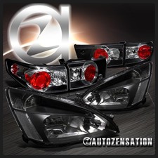 Fit Honda 03-05 Accord 4DR Crystal Black Headlights+Black Rear Tail Lamps