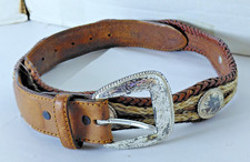 Vintage Tony Lama Braided Brown Leather Silver-Tone Metal Conchos Western Belt