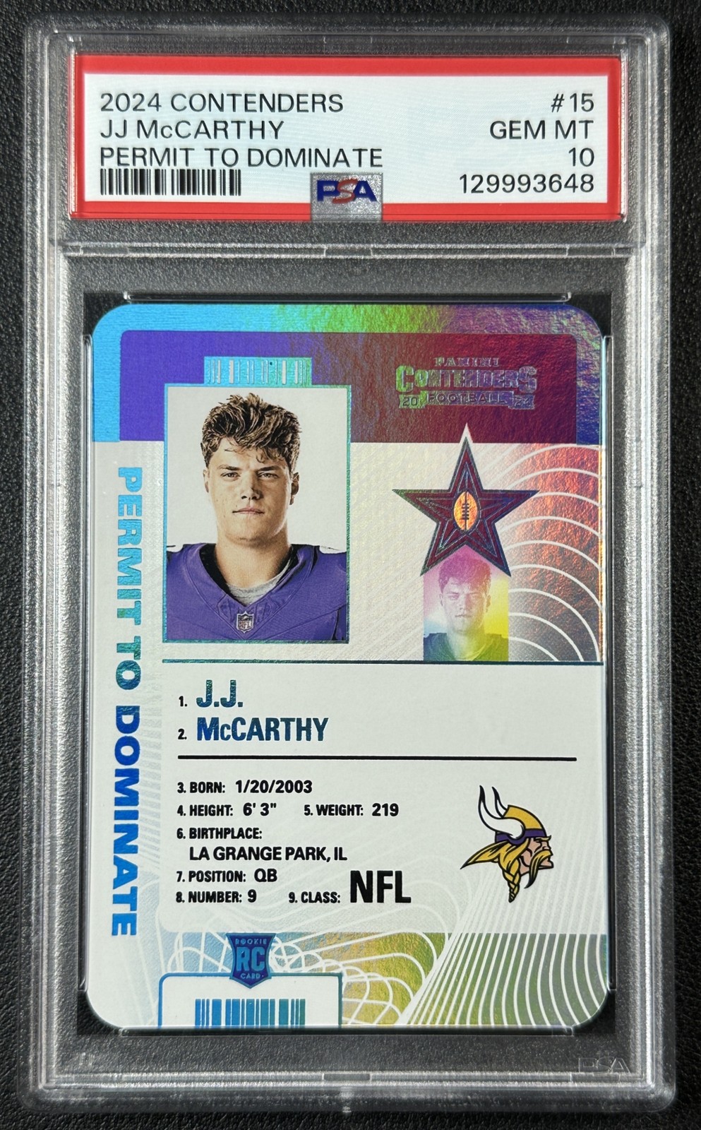 JJ McCarthy Panini Contenders Permit to Dominate #15 Base