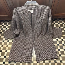 VTG KANAE Long Open 100% Wool Jacket Blazer Herringbone Woman MED Big Pockets