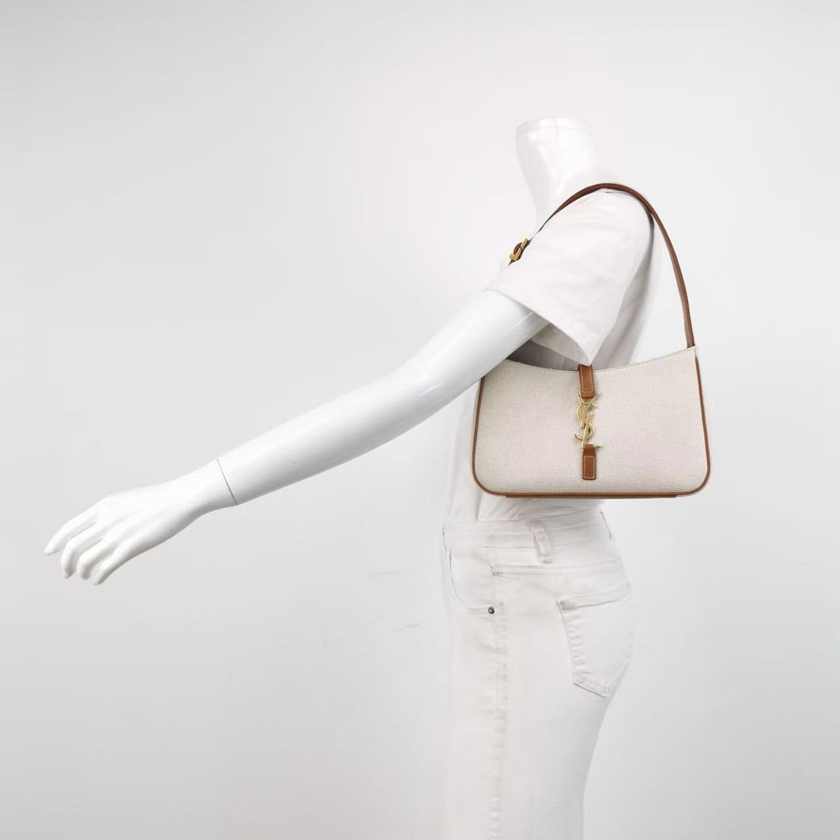 Saint Laurent Le 5 à 7 Small Beige Canvas & Leather Hobo Shoulder