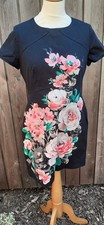 Oasis Neon Rose Cotton Shift Dress Size 12 Black Lined Short Sleeve Charity Sale