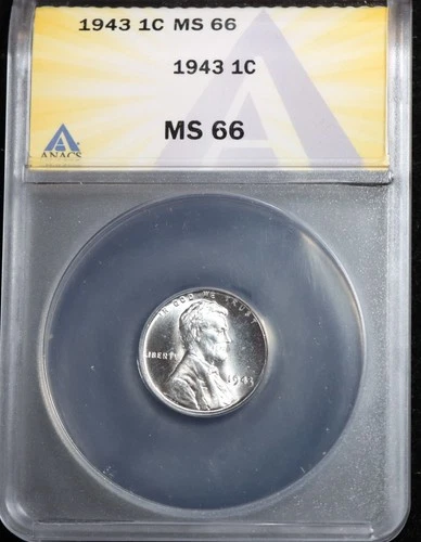 1943 P Lincoln Steel Cent ANACS MS66 Very Bright Luster