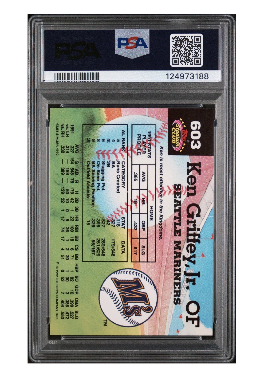 1992 Topps Stadium Club Members Choice Ken Griffey Jr #603 PSA 10 Low Pop view 2
