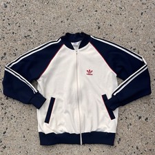 VTG 70s Adidas Track Jacket Cream Navy Red Trefoil M Made in Taiwan R.O.C. YKK