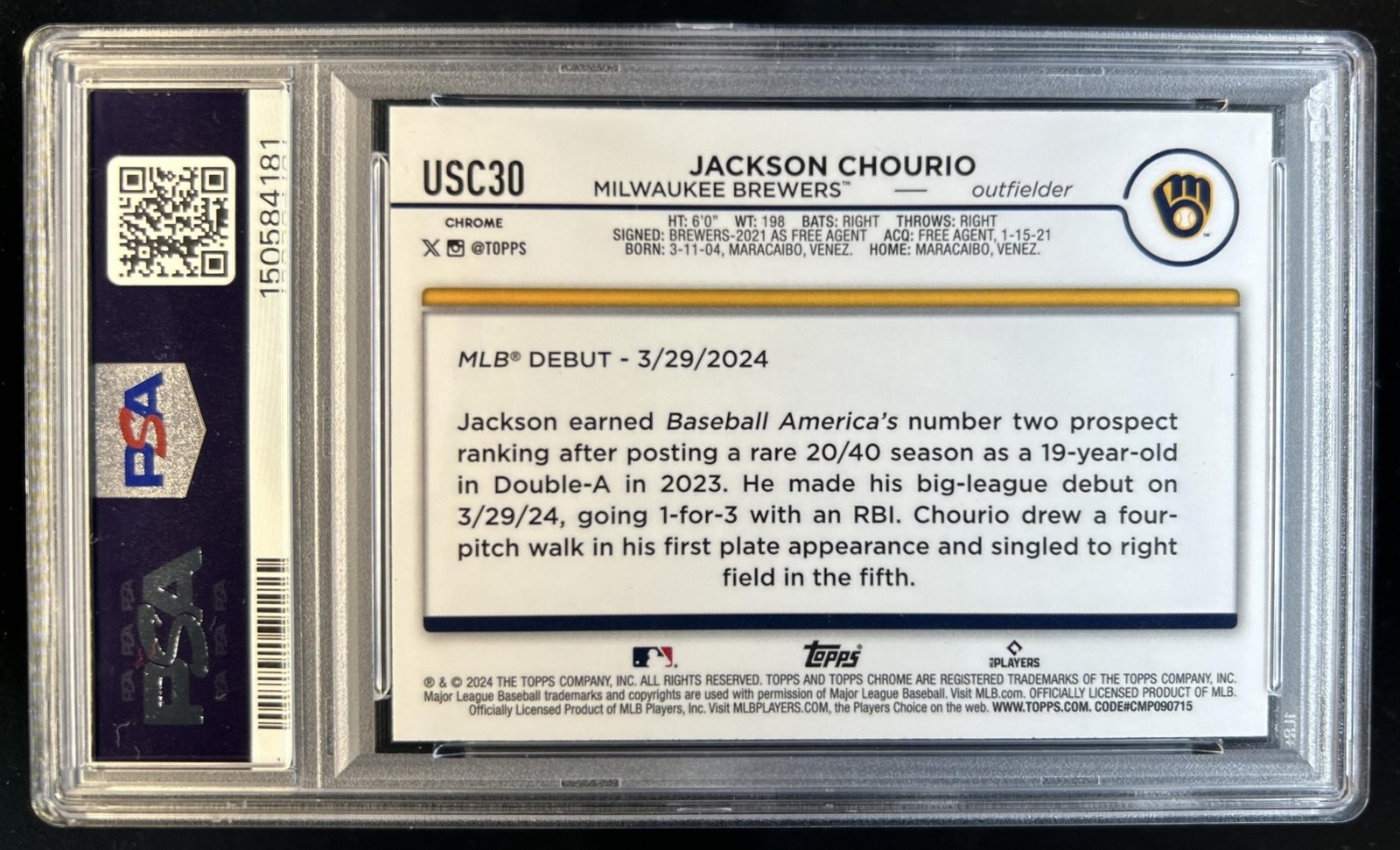 2024 Topps Chrome Update Jackson Chourio RC X-Fractor #USC30 Brewers PSA 10 view 2