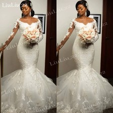 African Mermaid Wedding Dresses Long Sleeves Lace Appliques Train Bridal Gowns