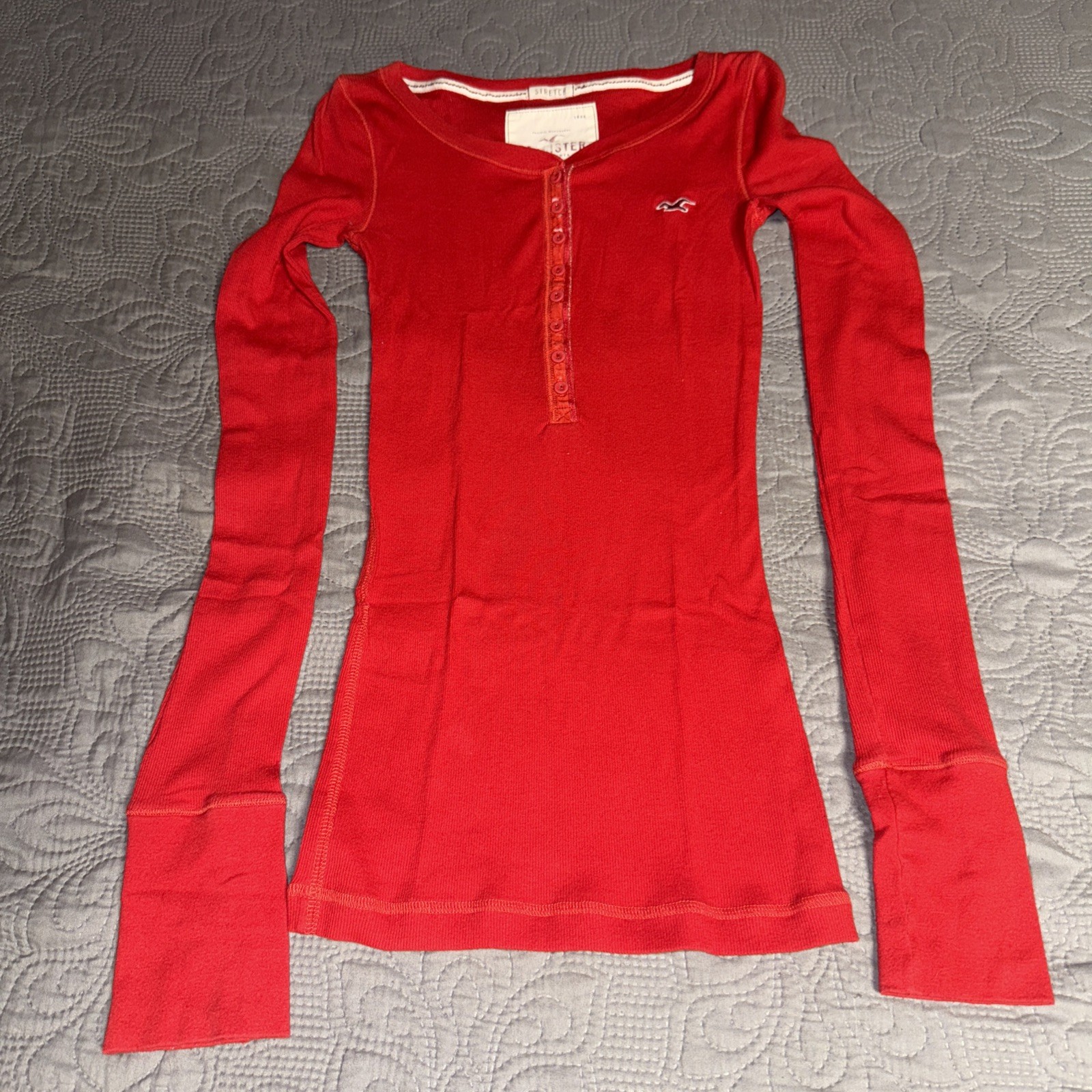 Vintage Y2K Hollister Henley Top Size XS Red Stretch … - Gem