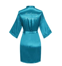 Maid Honor Robe Peacock Blue Silky Rhinestone Belt Short Bridal Getting Ready We
