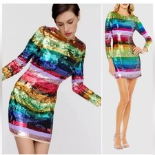 Mac Duggal 93724 Rainbow Sequin Multicolor Striped Long Sleeve Dress Size 2 NWT