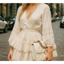 American Eagle Cream Embroidered Wrap Front Mini Dress Women’s Size S NWT