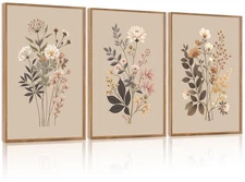 Botanical Flower Framed Canvas Wall Art Set of 3, Modern Nature Wildflower Wa...