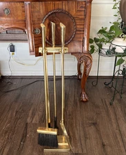 Vtg Polished Brass MCM Fireplace 4 Pieces Tools Set  By Sunset 1970’s