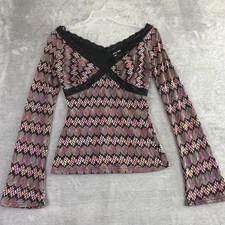 Paper Doll Women's M Long Sleeve V Neck Geometric Print Lace Trim Top VTG **Flaw