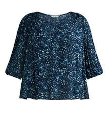 Terra & Sky Women's Poet Sleeve Blouse~Feather Dot Dark Navy~1X~NWT~FAST SHIP!