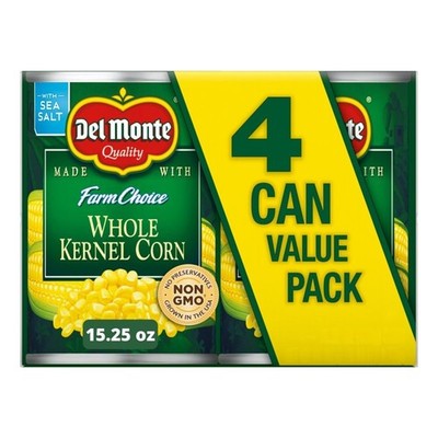 Del Monte Golden Sweet Whole Kernel Corn, Canned Vegetables, 15.25 oz Can pk4