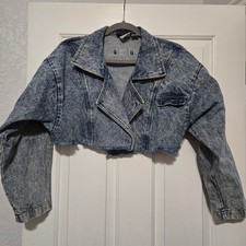 Vintage Acid Wash Cropped Denim Jacket Embellished Sequin Rhinestone