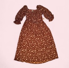 NWT Reddish Brown Floral Cottagecore Dress Forum Maxi Dress With Puff Sleeves