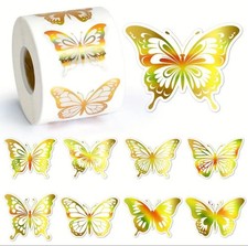 500 pcs Sticker Seals Roll Laser Foil Gold Golden Butterfly Self Adhesive NEW
