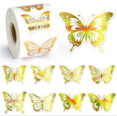 500 pcs Sticker Seals Roll Laser Foil Gold Golden Butterfly Self Adhesive NEW