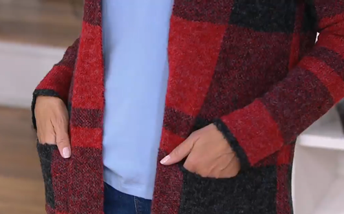 Denim & Co - Long-Sleeve Buffalo Plaid Cardigan w Notch Collar - Red - Picture 10 of 16