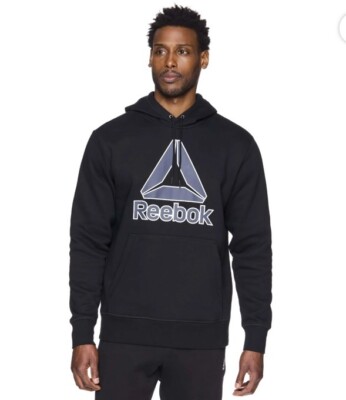 Medium Reebok Men’s Fleece Pullover Hoodie Logo Print Black Sweatshirt  Hooded