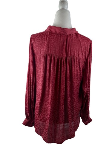 H&M Animal Print Red Sz 14 Long Sleeve Button Down Blouse Top Semi Sheer Chiffon - Picture 3 of 9