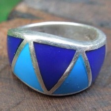 Sterling Silver Turquoise Lapis Inlay Geometric Band Ring Size 4-3/4