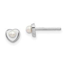 14k White Gold Childrens White Button Freshwater Pearl Heart Post Earrings