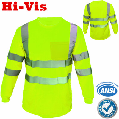 Hi Vis T Shirt High Visibility ANSI Class 3 Reflective Long Sleeve Neon ...