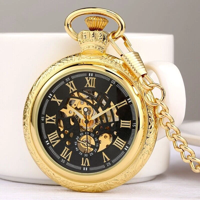 Mechanical Gold Pocket Watch Roman Numerals Dial Open Face Fob