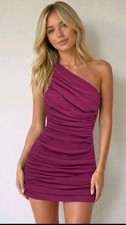 One Shoulder Ruched Stretchy Bodycon Mini Dress. Mulberry, Size: Small (2-6) NWT