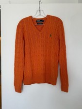 Polo 90 s by Ralph Lauren 100 Tussah Silk Cable Knit V-Neck Sweater Orange Si