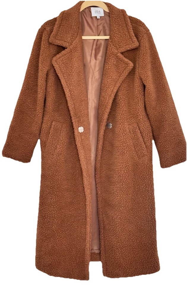 J.O.A - Faux fur Soft Warm Teddy Long Collared Coat, Brown, Sz Small (AU 8-10)