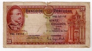Portugal 1940 20 Escudoes  Banco De Portugal Vintage Banknote P143