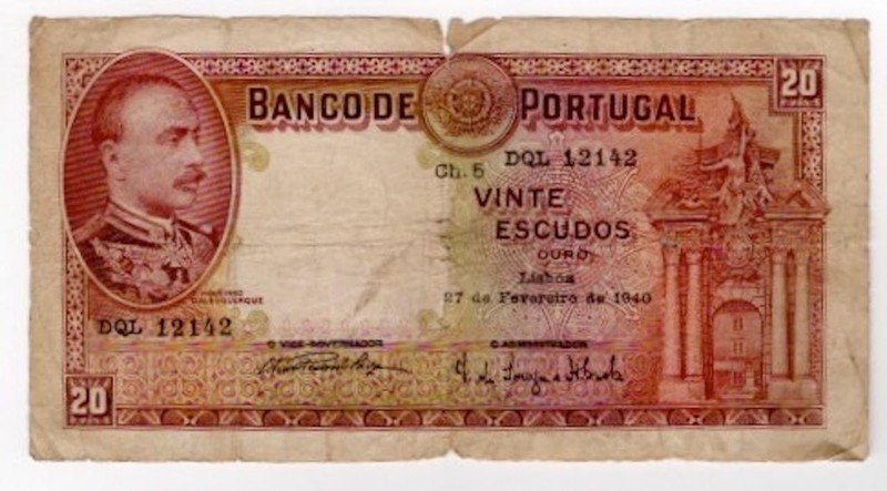 Portugal 1940 20 Escudoes  Banco De Portugal Vintage Banknote P143